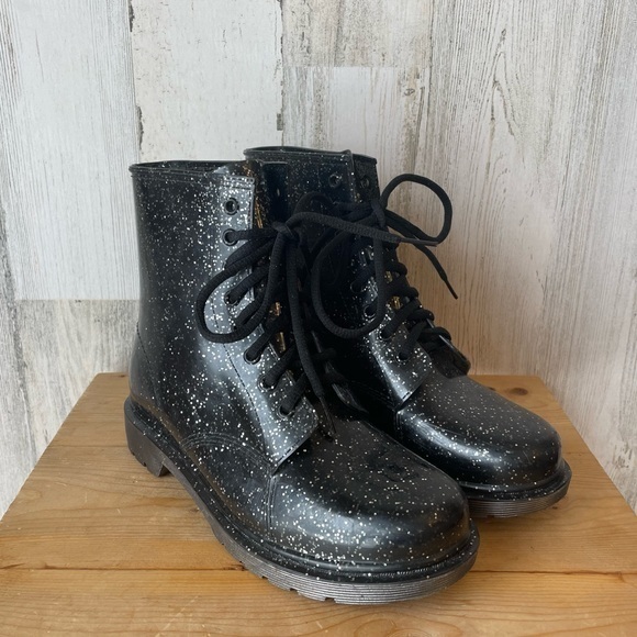 Sam Edelman Circus Translucent Black Glitter Quinn Rubber Combat Boots Size: 7 - Picture 2 of 15
